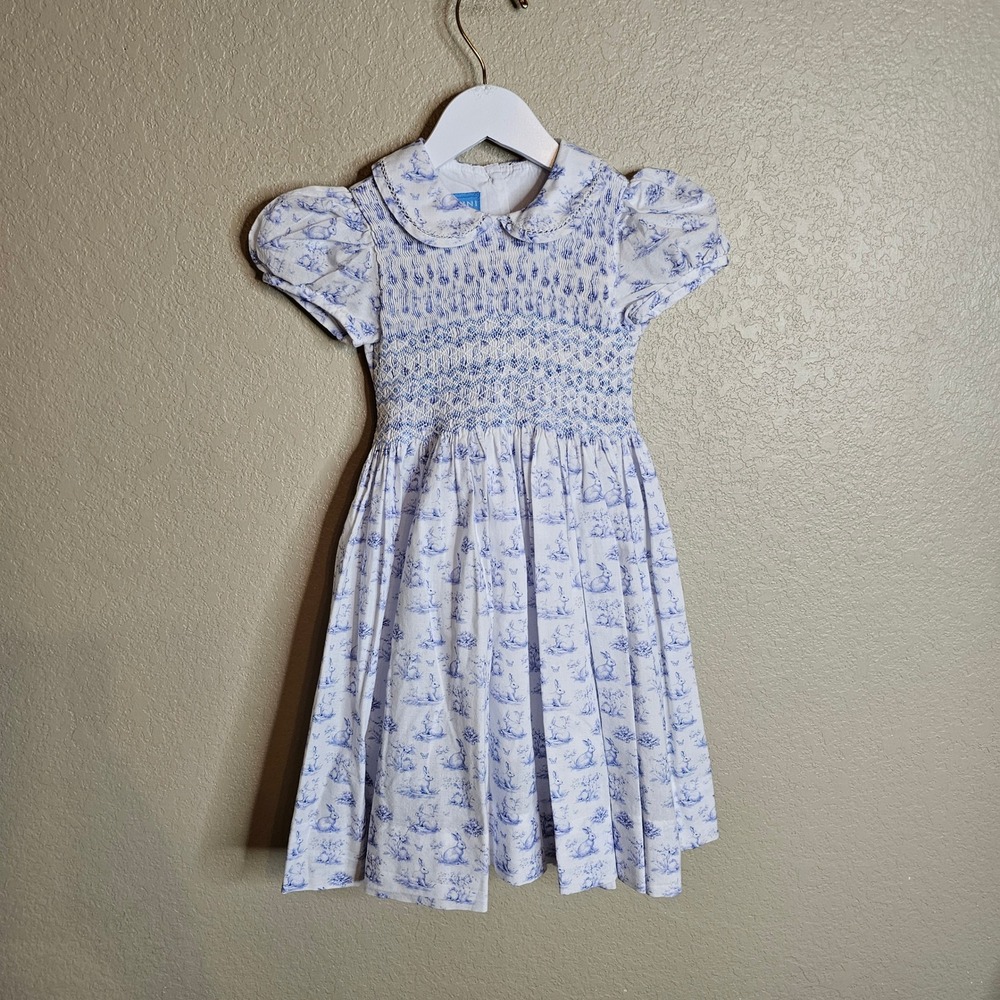 Anavini Girls 4T Hand Smocked Blue White Bunny Toile Dress Peter Pan Collar